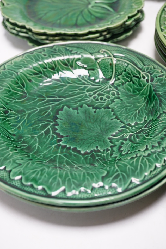A group of Wedgwood, George Jones greenware majolica dessert plates, largest 25cm. Condition - varies, some chips and cracks